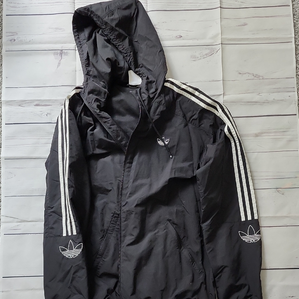 Adidas Black Windbreaker with Hood and Signature Stripes